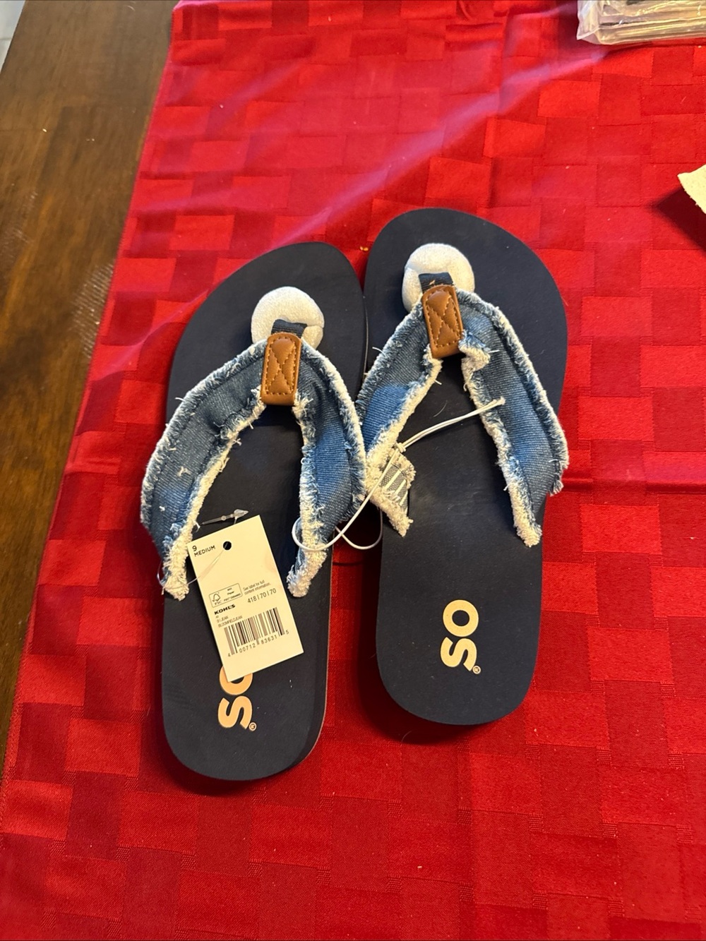 Kohl's women’s Navy Flip Flops with Frayed Denim Straps